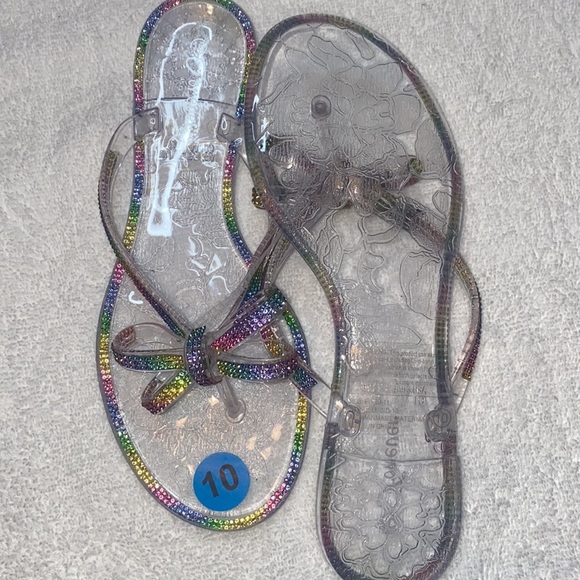 NWT Forever Clear Rainbow Rhinestone Bow Jelly Flip Flop Various Sizes - Picture 8 of 8